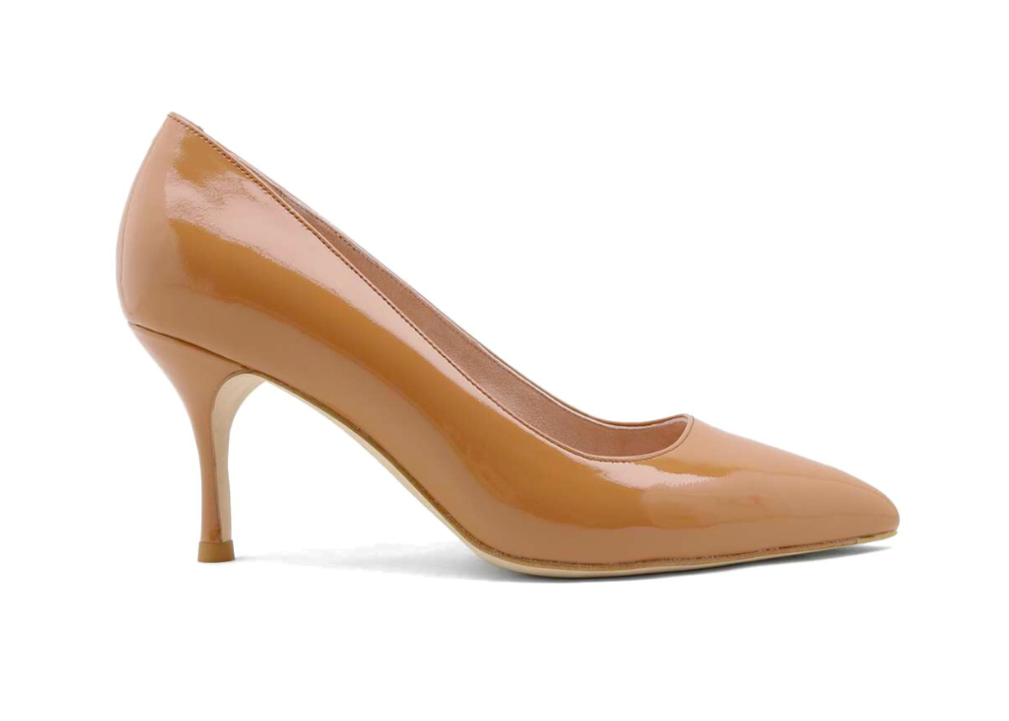 A single nude high-heeled shoe on a white background.