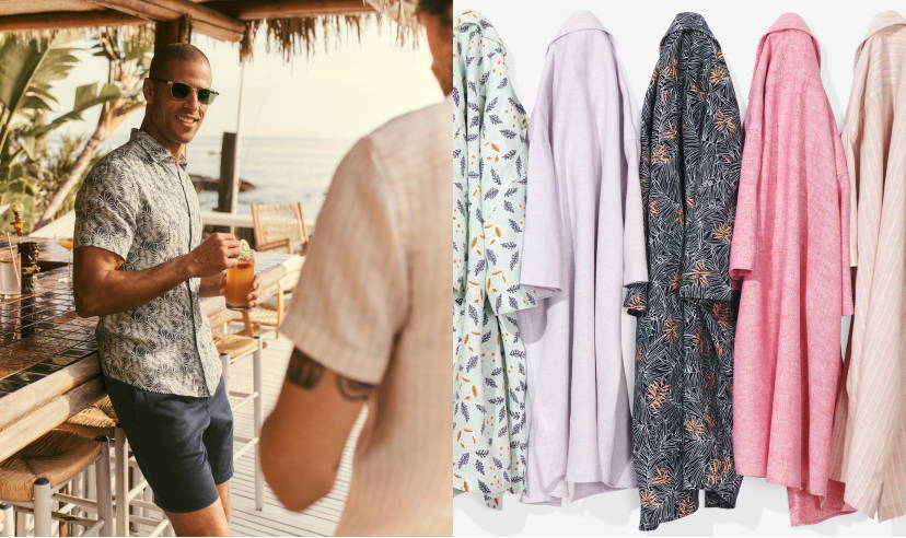 Model is wearing UNTUCKit DRISCOLL button down and Whitley shorts. Image on the left shows collection of UNTUCKit button downs. 