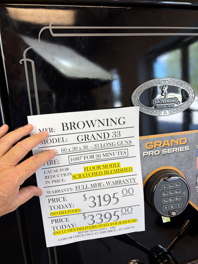 BROWNING GRAND 33 gun safe exterior with sale price tag on door - SES spring cleaning sale