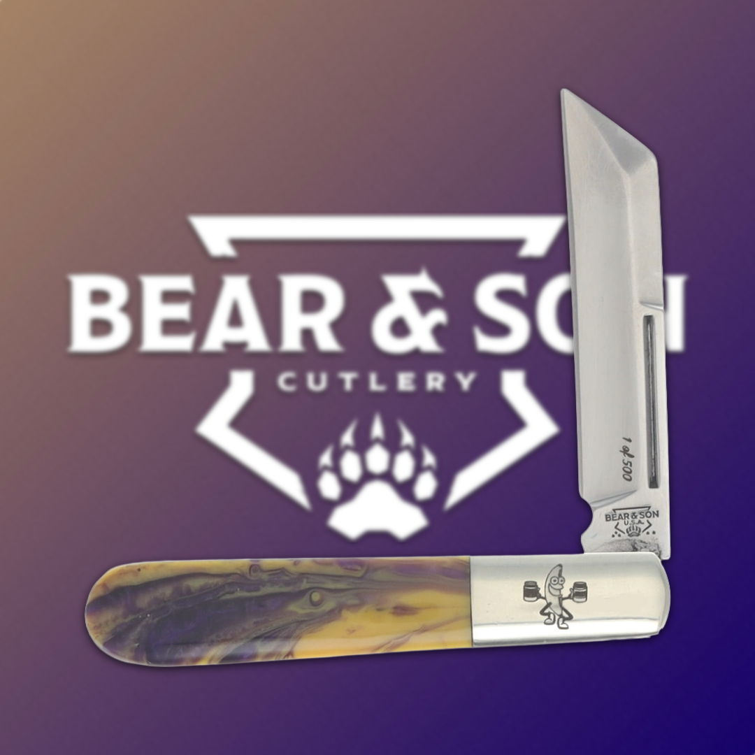 Folding knife with wooden handle and Bear & Son Cutlery logo in background.