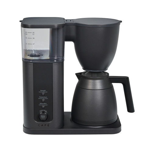 Black coffee maker with a glass carafe and control panel.