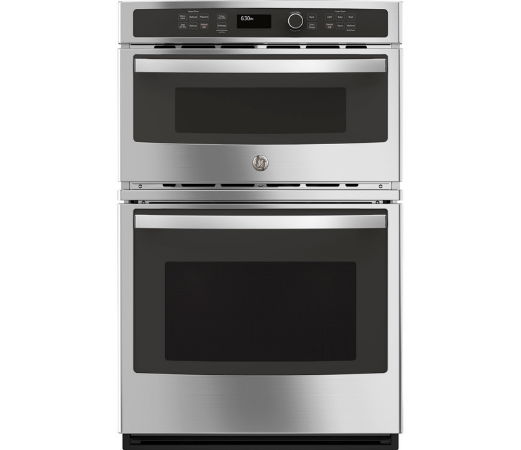 Stainless steel double oven with digital controls and glass doors.