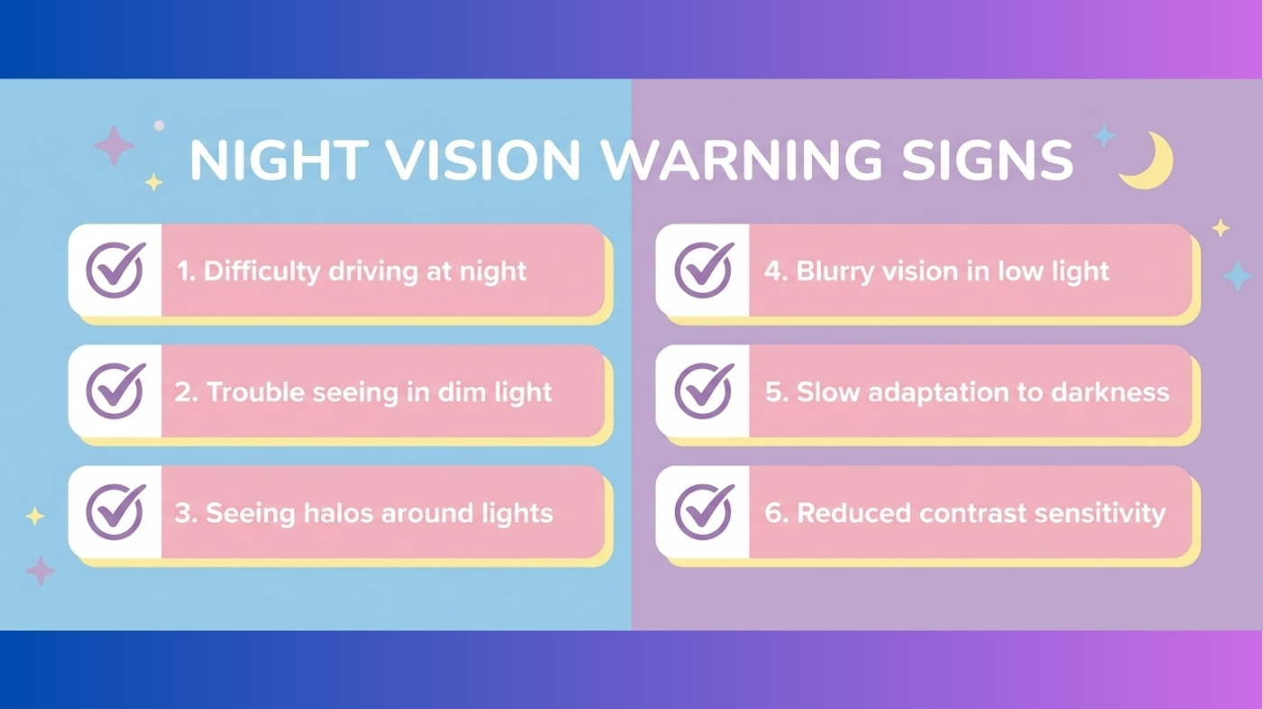Infographic checklist of 6 signs you need an eye exam for night vision problems including halos, night driving difficulty, and eye strain