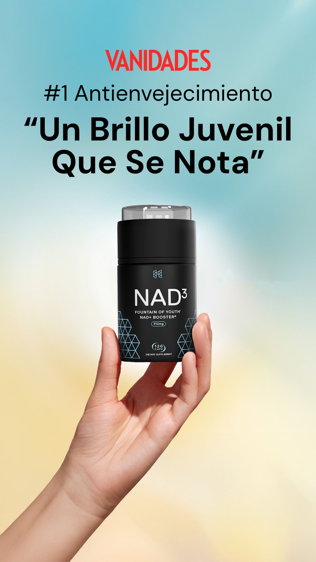 A hand holding a skincare product with promotional text above it.
