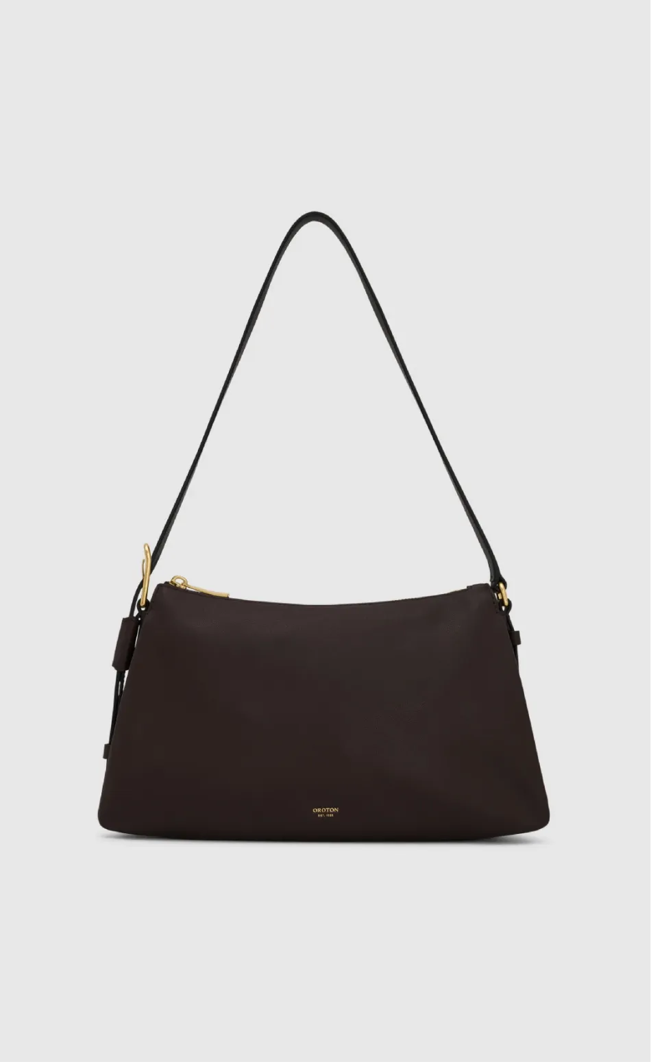 Brown shoulder bag with a single strap and gold accents.