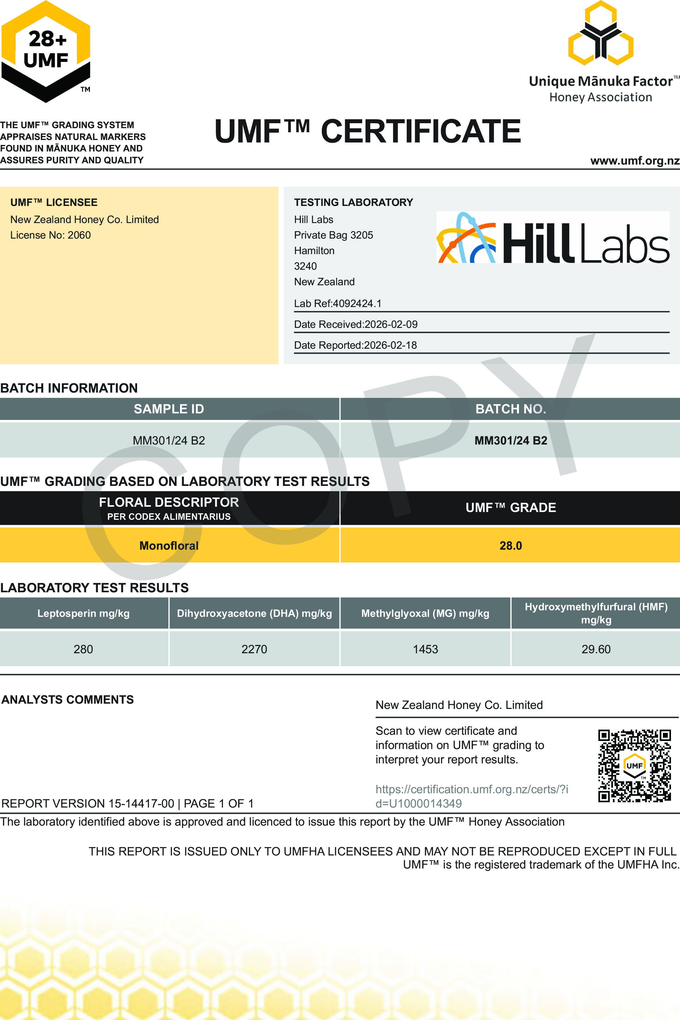 UMF™ certificate with laboratory test results and grade from Hill Labs.