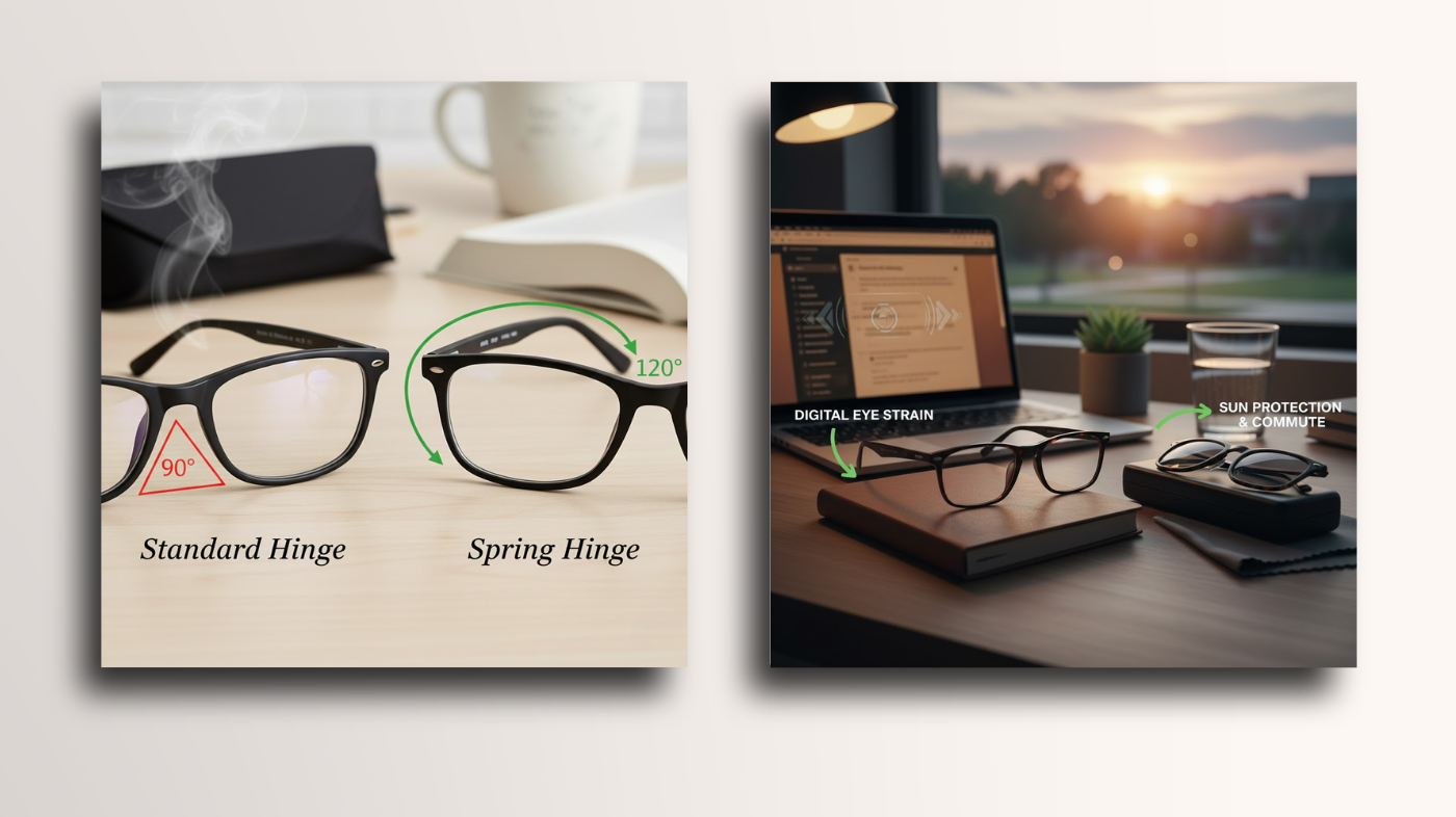 Comparison of eyeglass features for college life: standard hinge vs spring hinge frames and lenses for digital eyestrain vs sun protection during commute