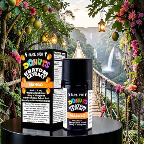 Kratom extract product with mango flavor in a tropical setting.