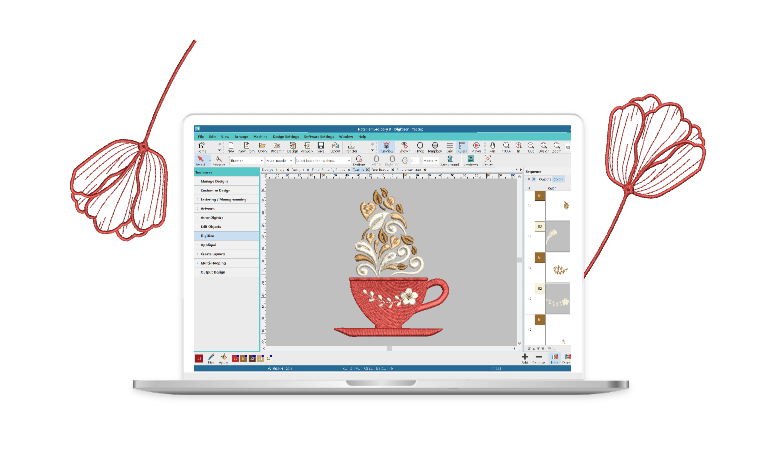 Embroidery of a coffee in a mug in the Hatch Embroidery software