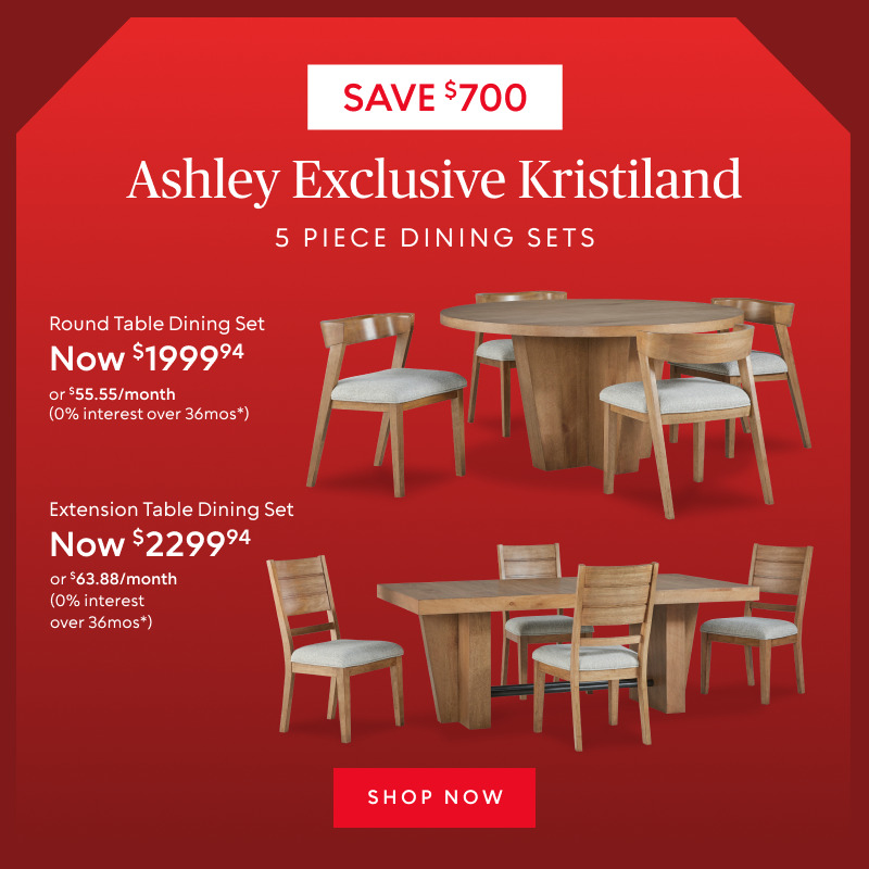 Save $700 on Kristiland five-piece dining sets, now $1,999.94 or $2,299.94.