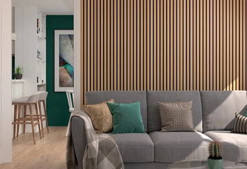 Slatted timber wall panelling used in a living room space. Deanta Howrth Timber light brown coloured wall panels.