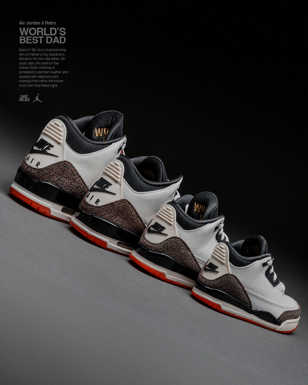 Four pairs of sneakers displayed against a dark background.