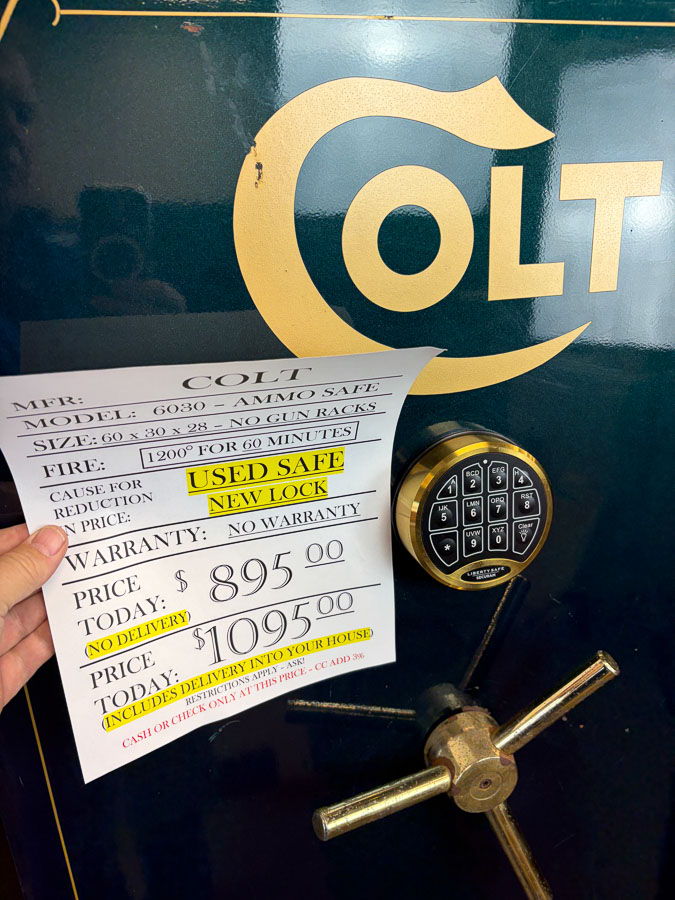 COLT gun safe exterior with sale price tag on door - SES spring cleaning sale