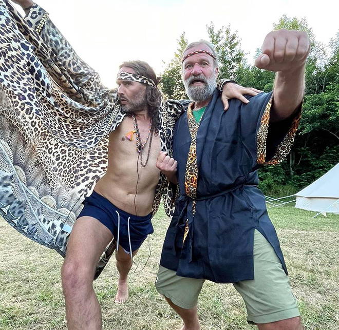Russell Brand and Wim Hof wearing CAMILLA robe outfits with leopard print