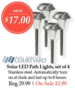 Four Seasons Courtyard Solar LED Path Lights, set of 4 - Save $17.00! Stainless steel. Automatically turn on at dusk and last up to 8 hours. | Regular price $29.99. On Sale $12.99. 