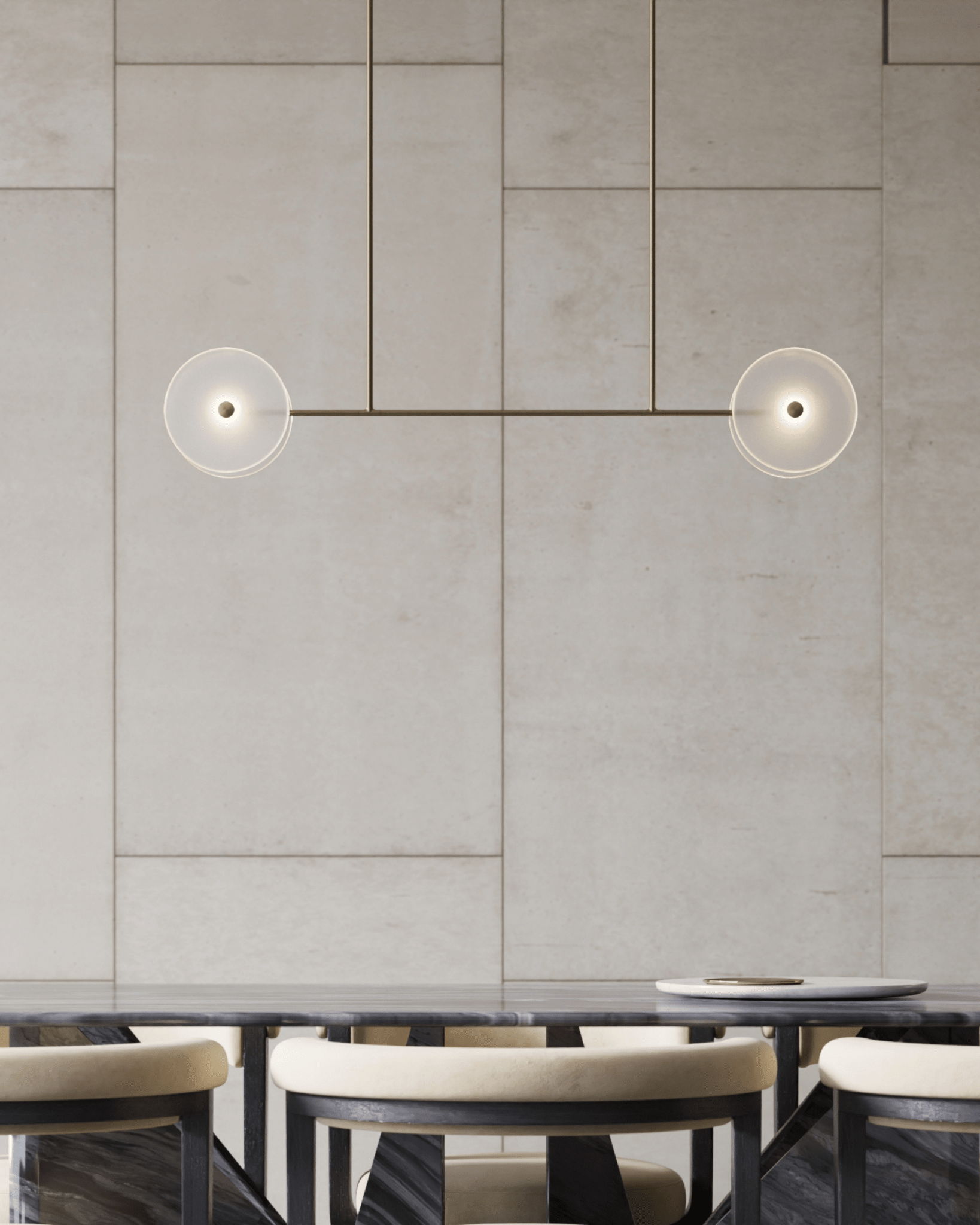 Modern dining room with a neutral color palette, including a wall-mounted light fixture.