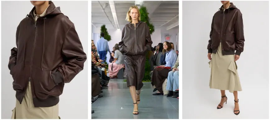 Fashion runway featuring models in brown jackets and skirts.