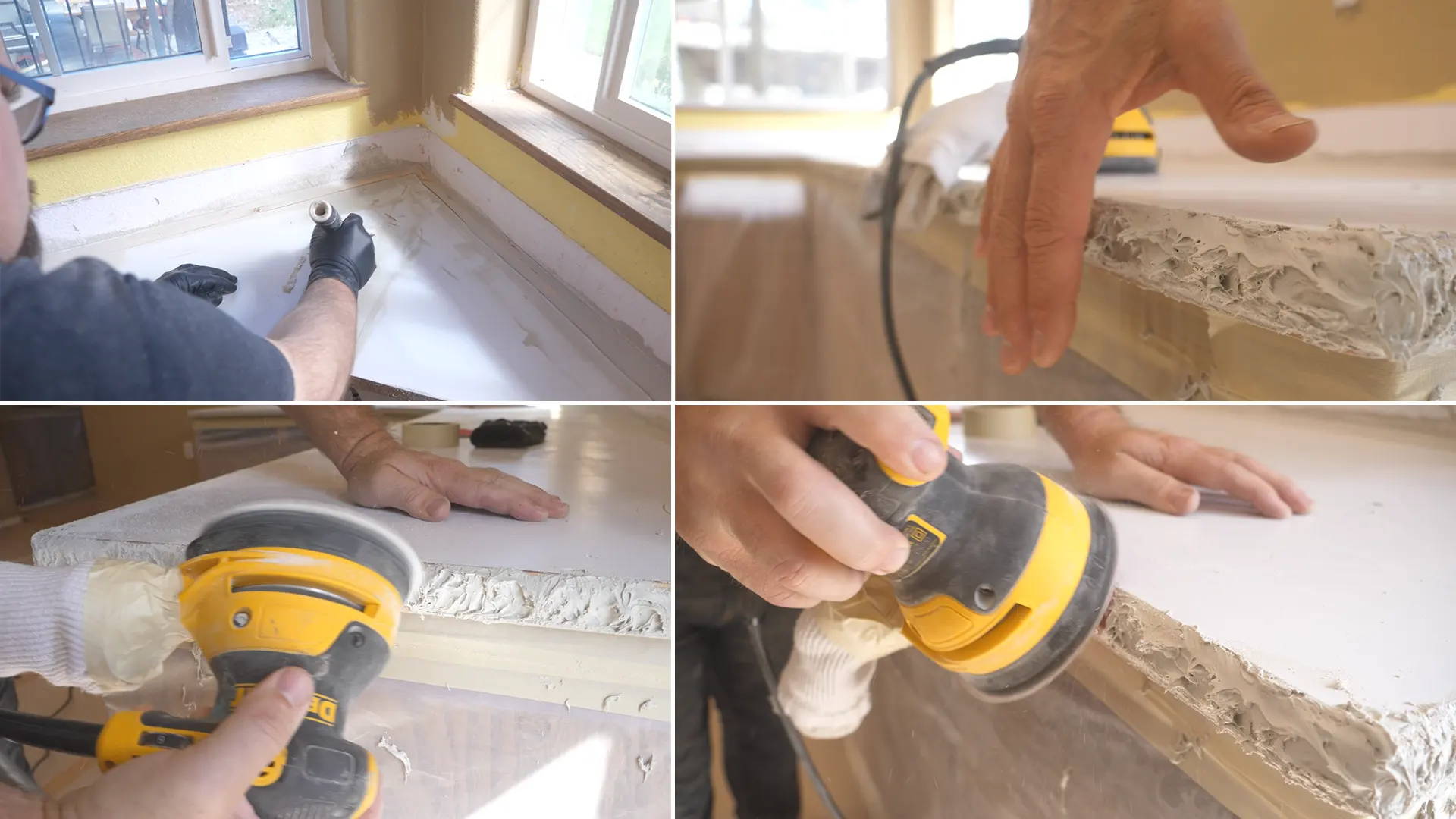 Orbital sander smoothing the rock face edge for a touchable smooth yet textured surface.
