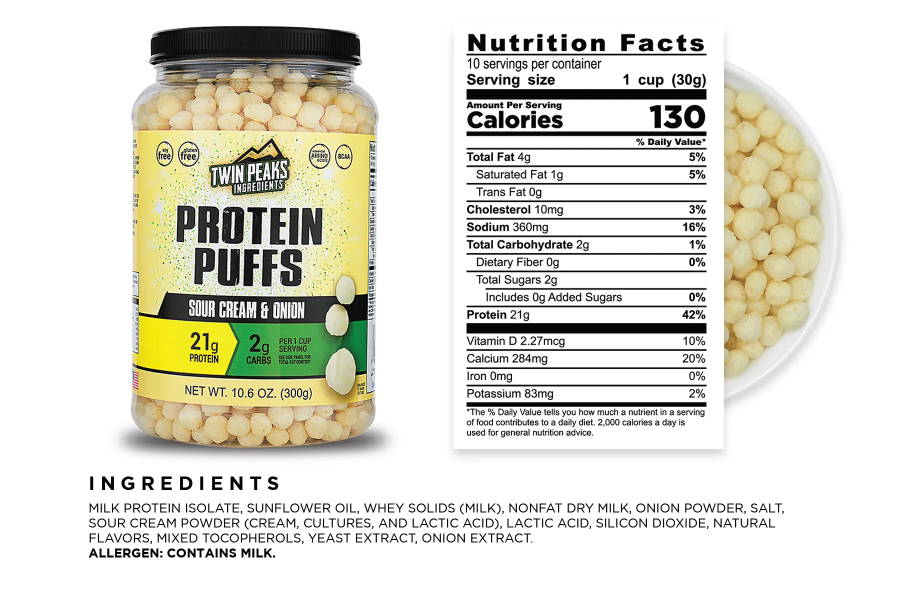 Sour Cream & Onion Protein Puffs Jug and Nutrition Facts