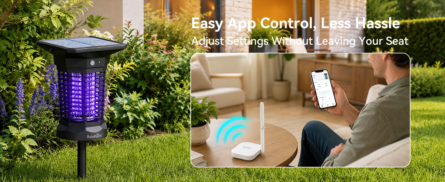 Outdoor UV light with remote control feature, person using smartphone.