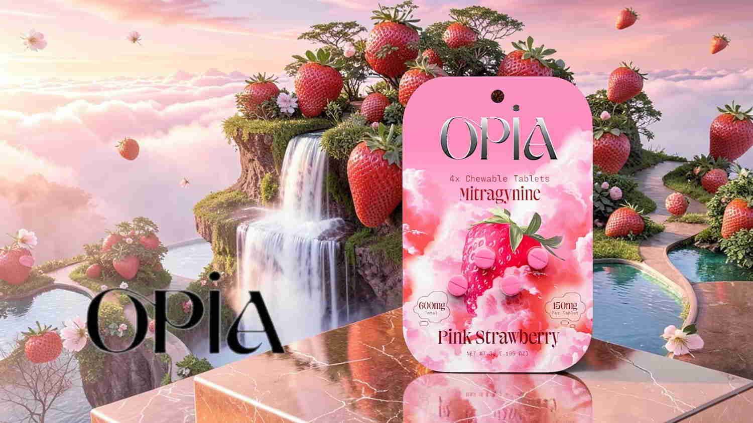 Product packaging with strawberries and a scenic background featuring the brand 