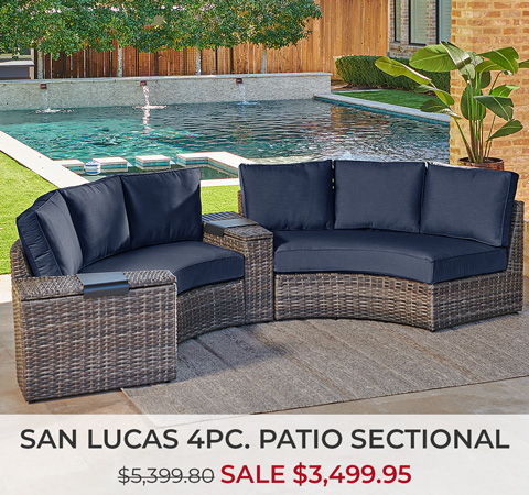 San Lucas 4-piece patio sectional with navy cushions, on sale for $3,499.95.