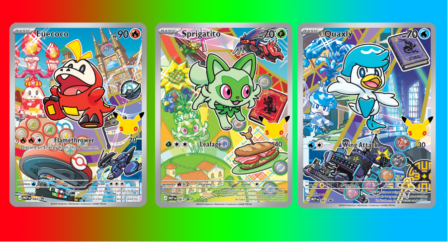 Pokemon first partners illustration collection series 3 - Three colorful animated cards featuring various characters and playful scenes.