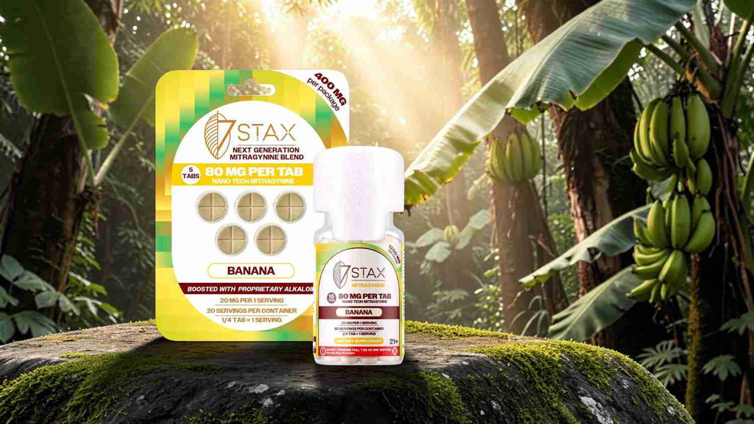 Beauty products displayed in a lush, green forest setting with sunlight filtering through.