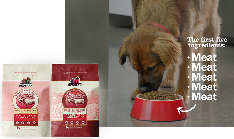 Photo of a dog eating Redbarn food out of a red bowl with text: The first five ingredients: Meat - Meat - Meat - Meat - Meat