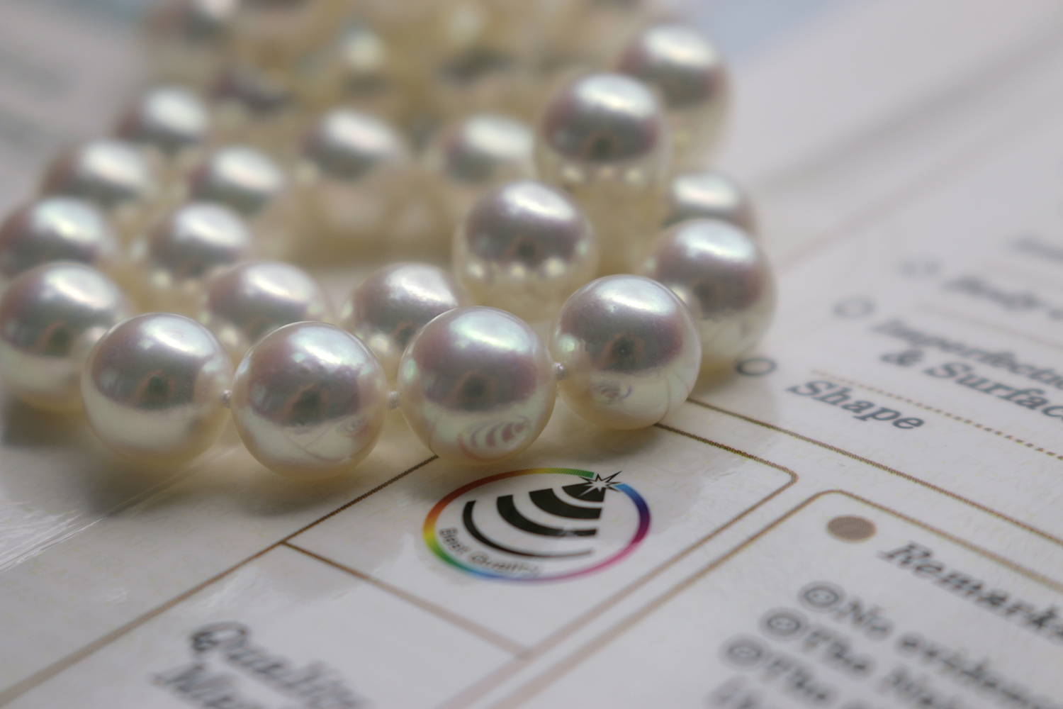 Hanadama Akoya Pearl Necklace Close Up with PSL Certificate