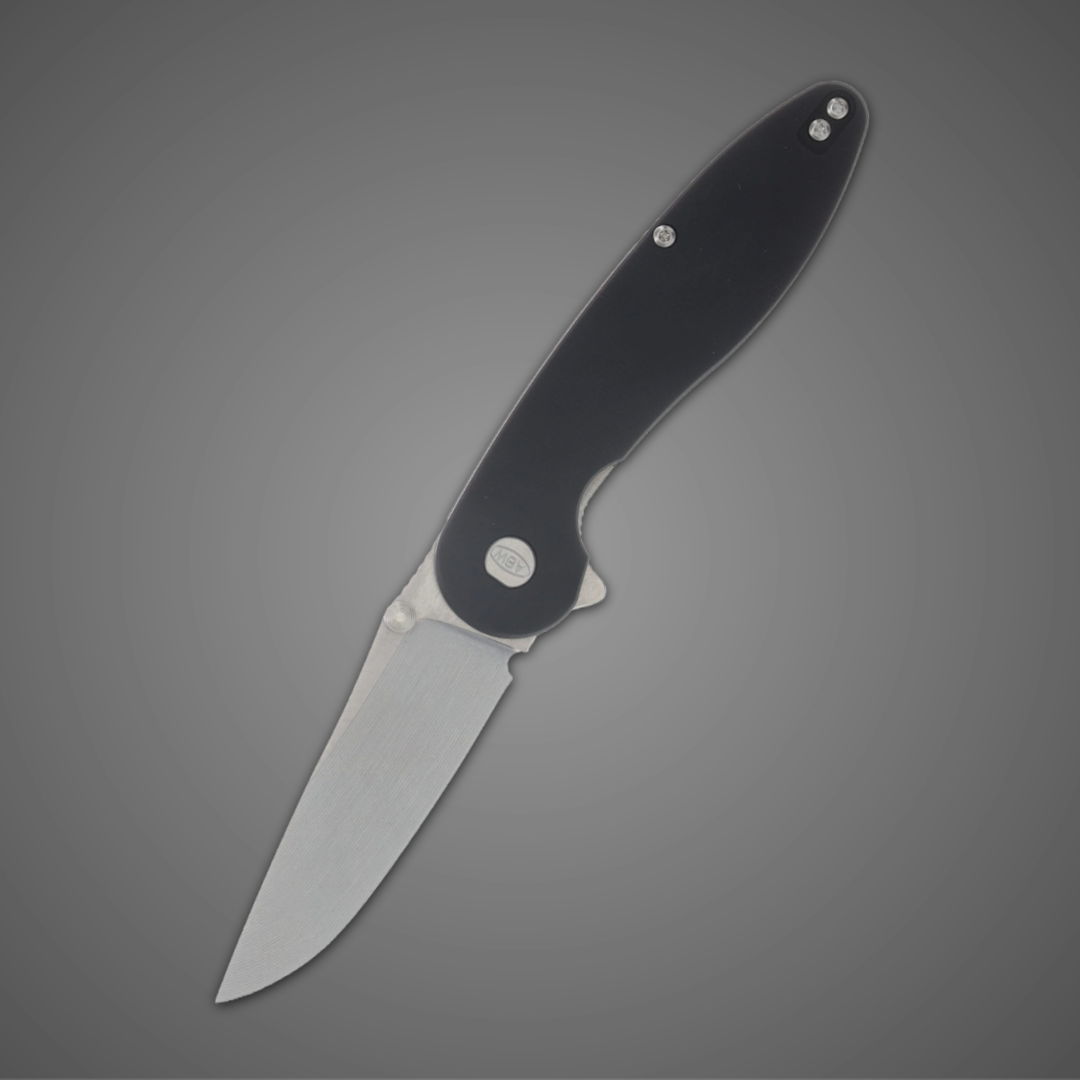 A folding knife with a stainless steel blade and black handle.