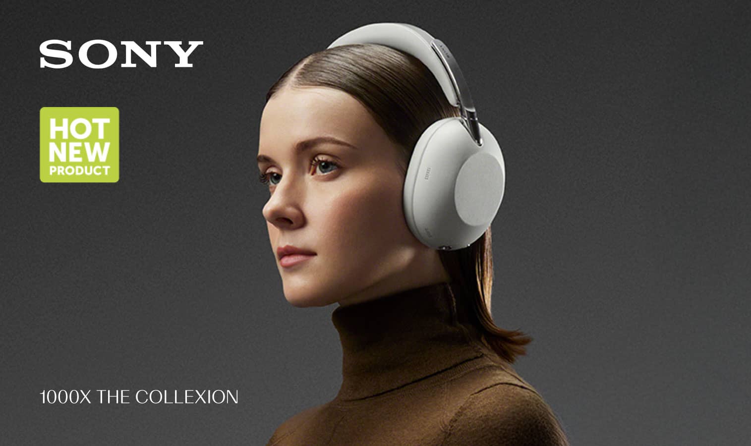 Woman wearing Sony headphones, with a neutral background and promotional text.
