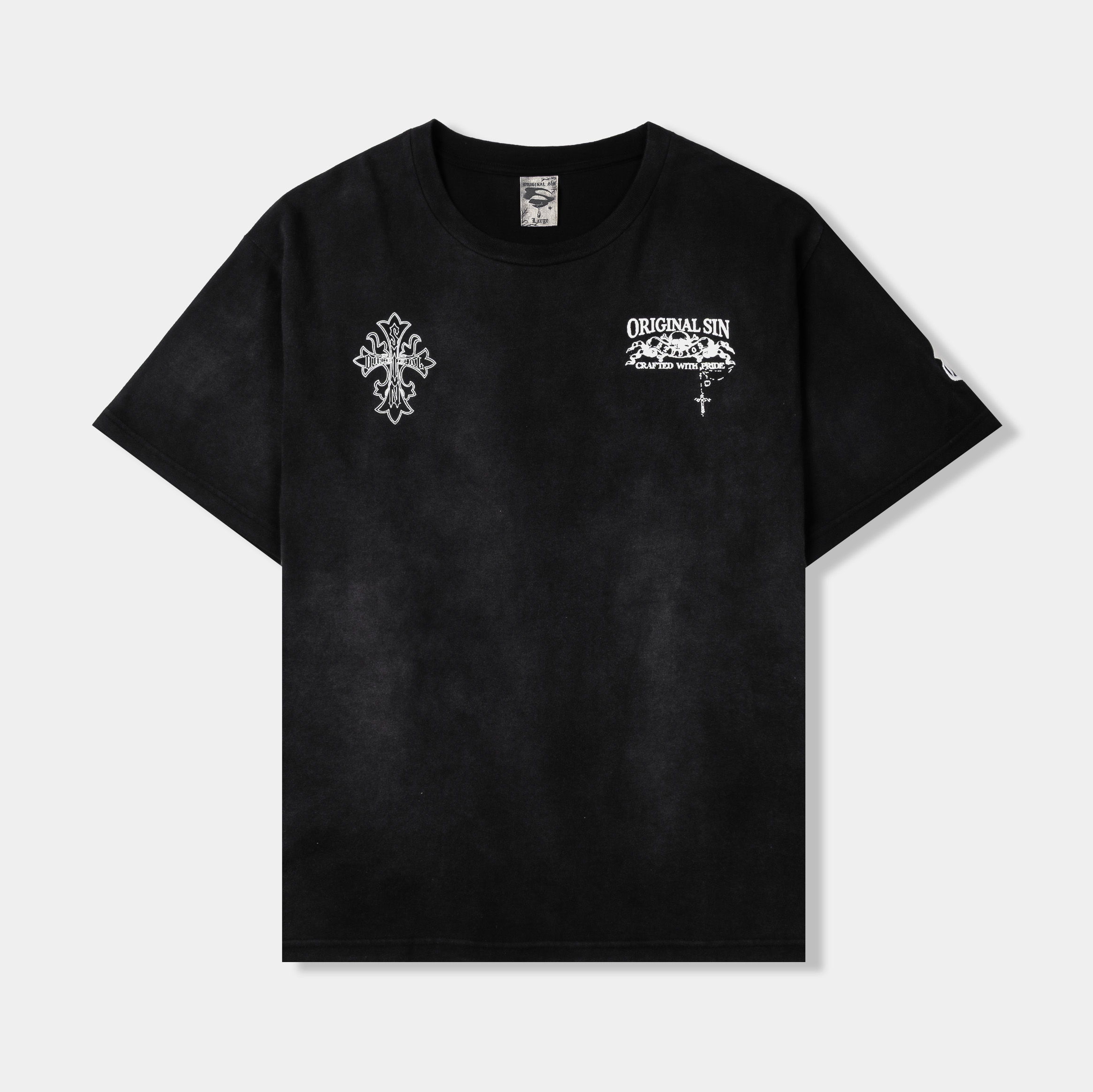 Black t-shirt with graphic designs on the front.