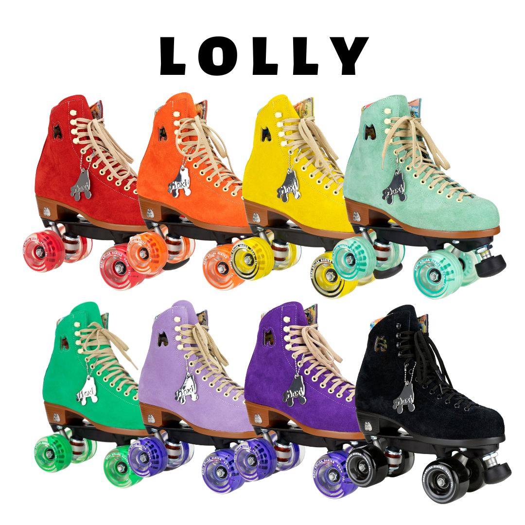 group shot of all the lolly skate colors. red, orange, yellow, mint, green, lilac, purple, black.
