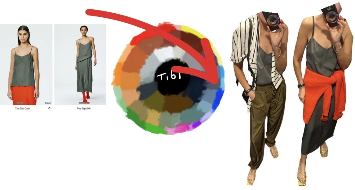 Fashion outfit comparisons with color palette and styling suggestions.