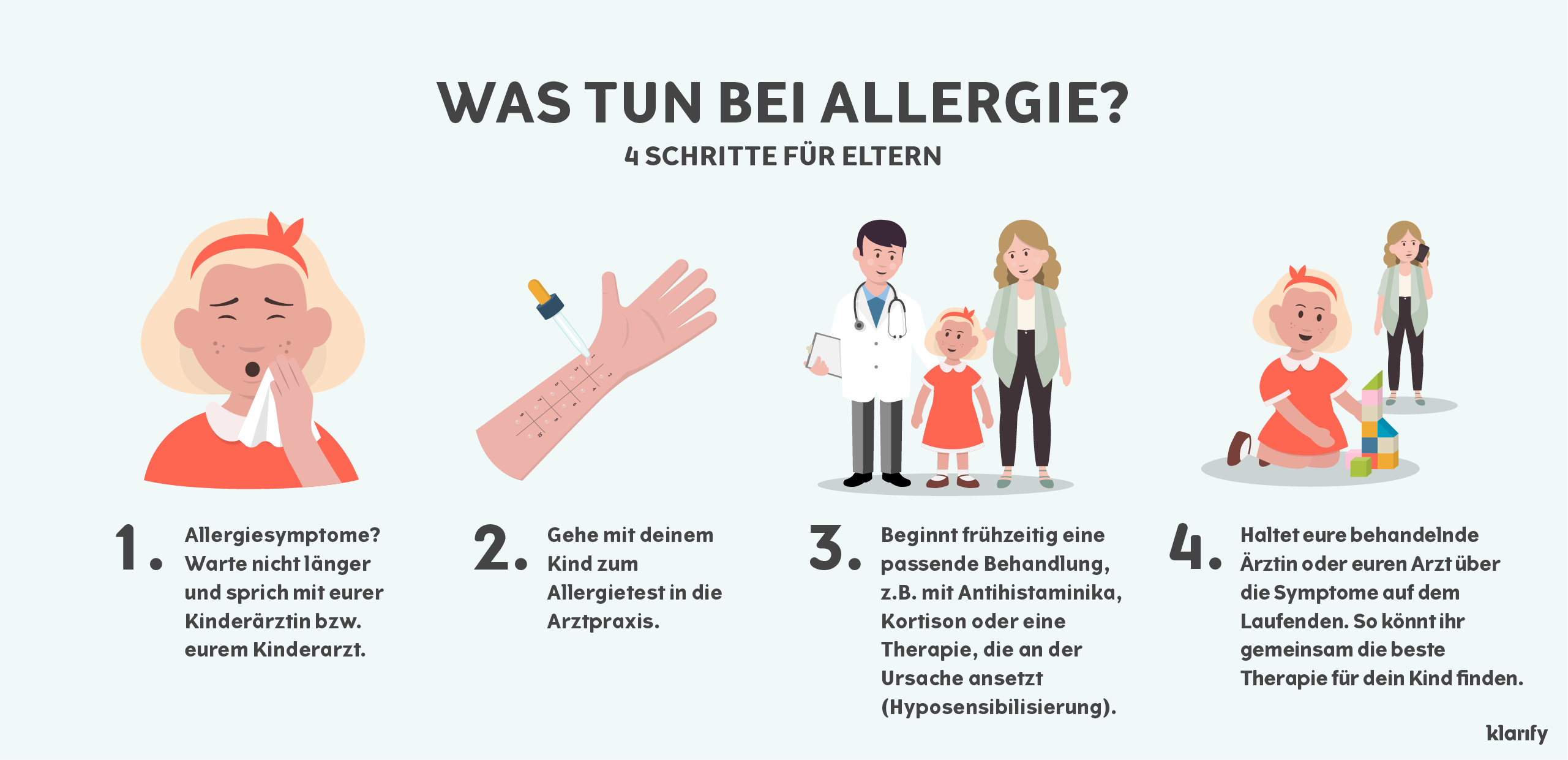  Infografik, die Eltern Schritt für Schritt zeigt, wie Kinder mit Allergiesymptomen diagnostiziert und behandelt werden können.