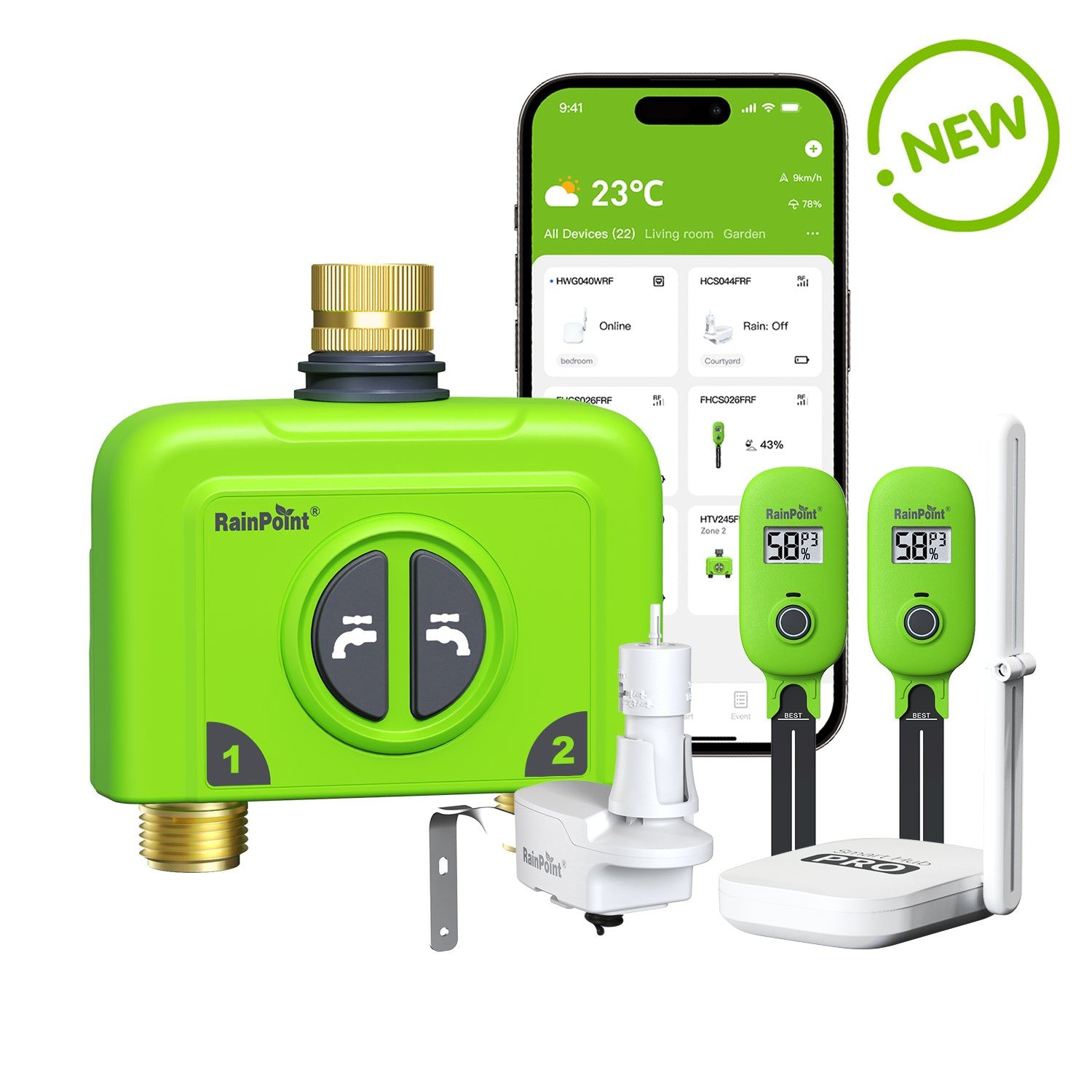 Smart irrigation system with smartphone app and sensors, featuring a new design.