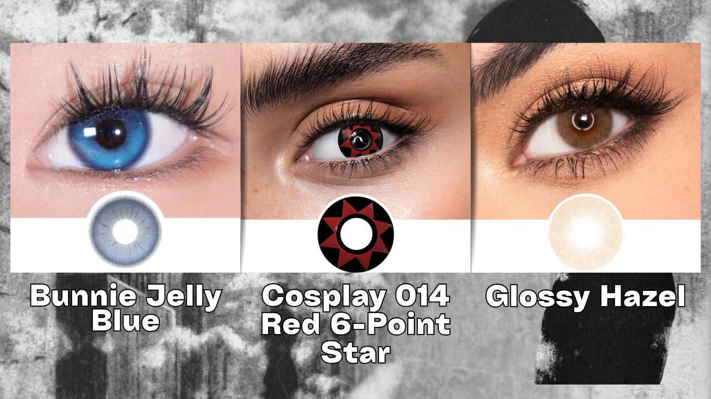 colored contact lenses cosplay EyeCandys Bunnie Jelly Blue Cosplay 014 Red 6-point Star glossy hazel prescription cosplay lenses anime horror eye makeup eerie character eyes Mitsuo Mori Junji Ito inspired look