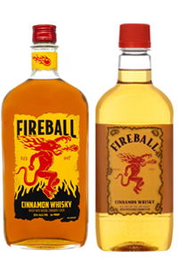 Two bottles of Fireball Cinnamon Whisky with distinct labels.