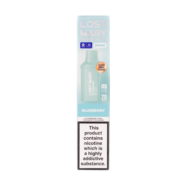Blueberry vape product with nicotine warning label.