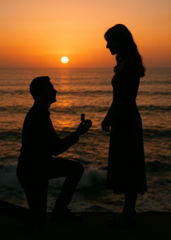 Silhouette of a man proposing on one knee to his partner on the beach at sunset.