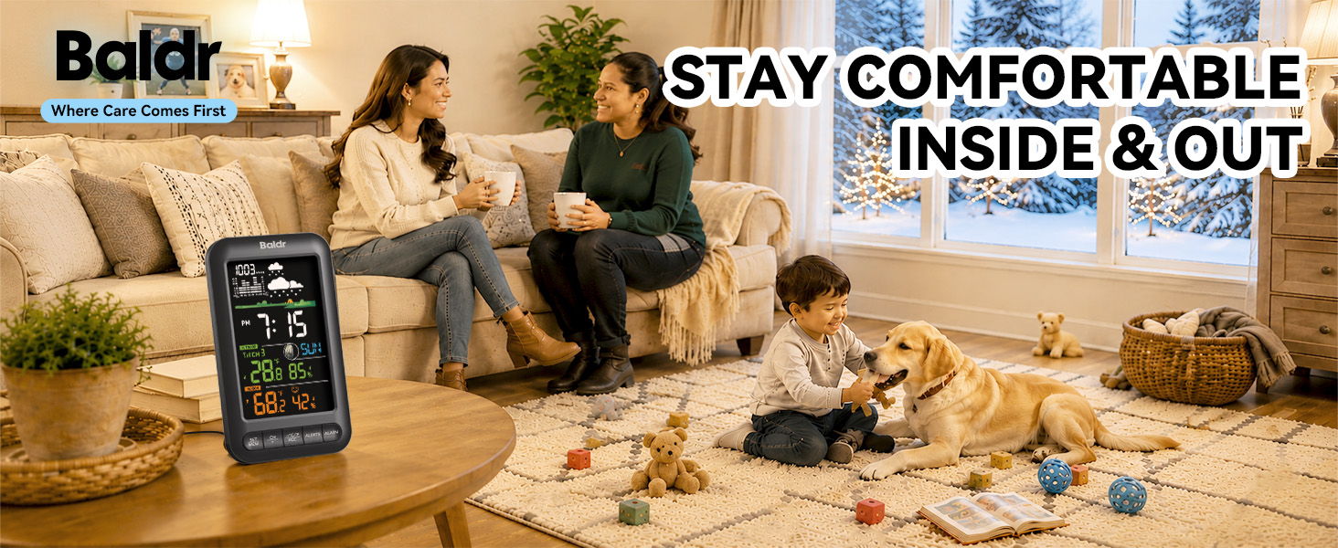 Two women and a child relaxing indoors with a dog and toys.