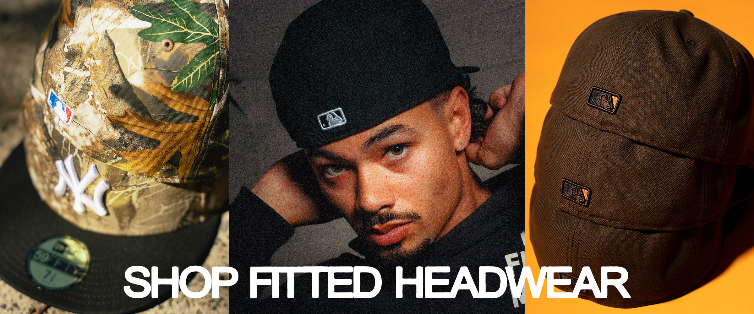 Image of hats and a model promoting fitted headwear.