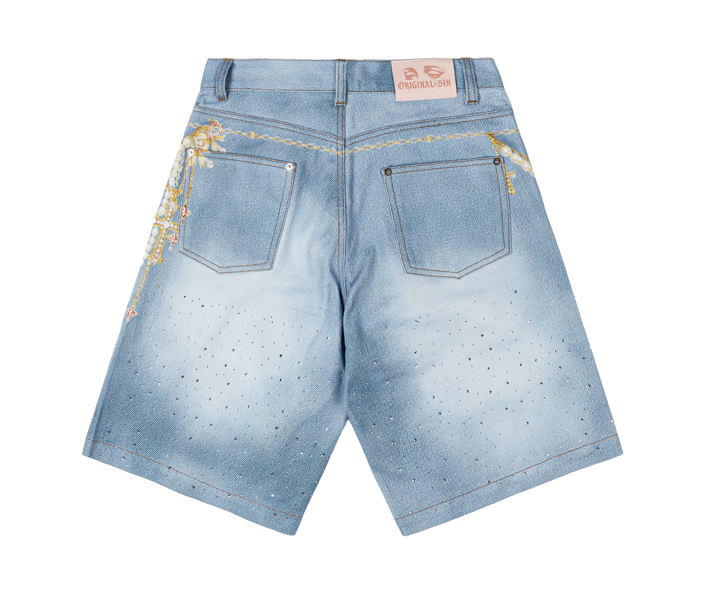 Denim shorts with decorative gold chains and cross embellishment.
