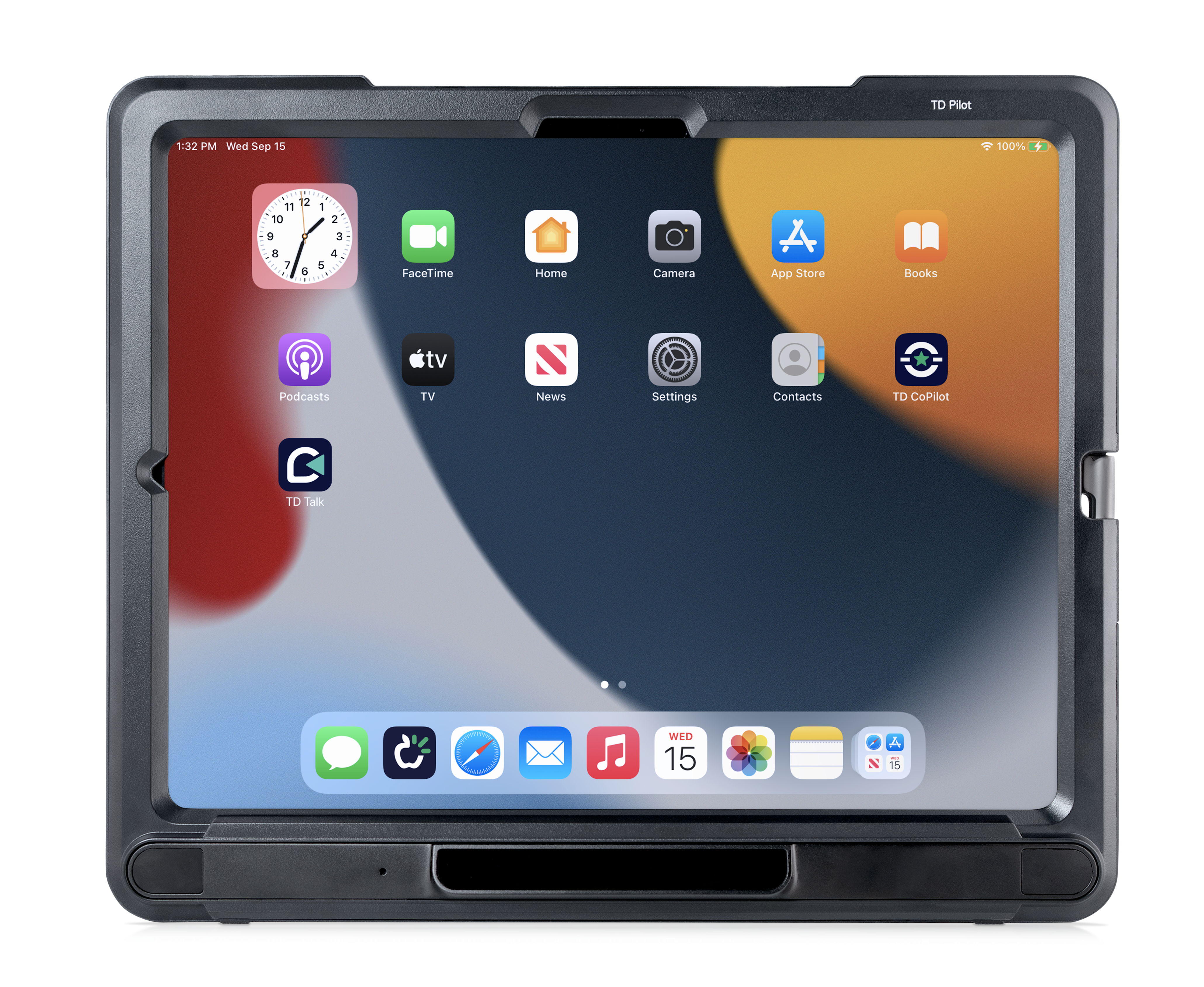 Tablet in a protective case displaying various app icons on the screen.