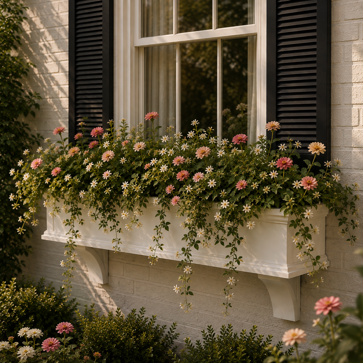 Window boxes filled with flowers beneath a window.