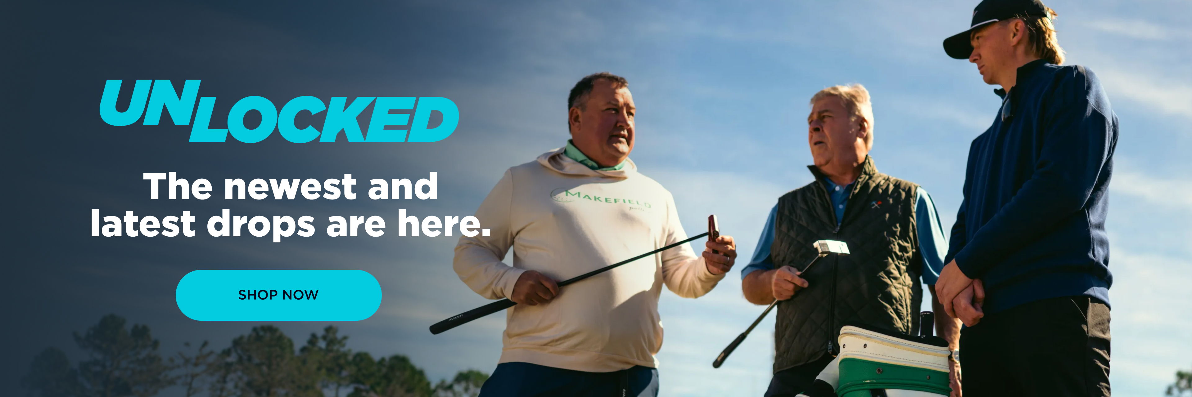 Three people discussing outdoors with text promoting new product drops.