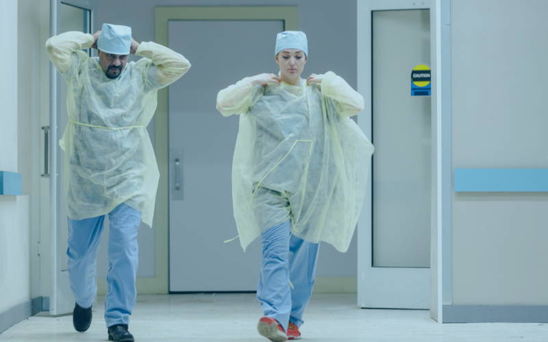 Doctors walking in a hospital hallway