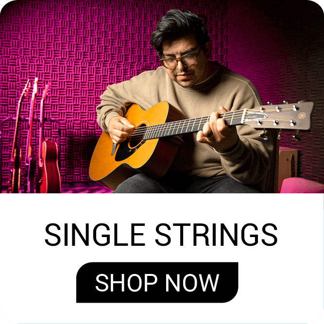 Person playing acoustic guitar with colorful background and text promoting single strings.