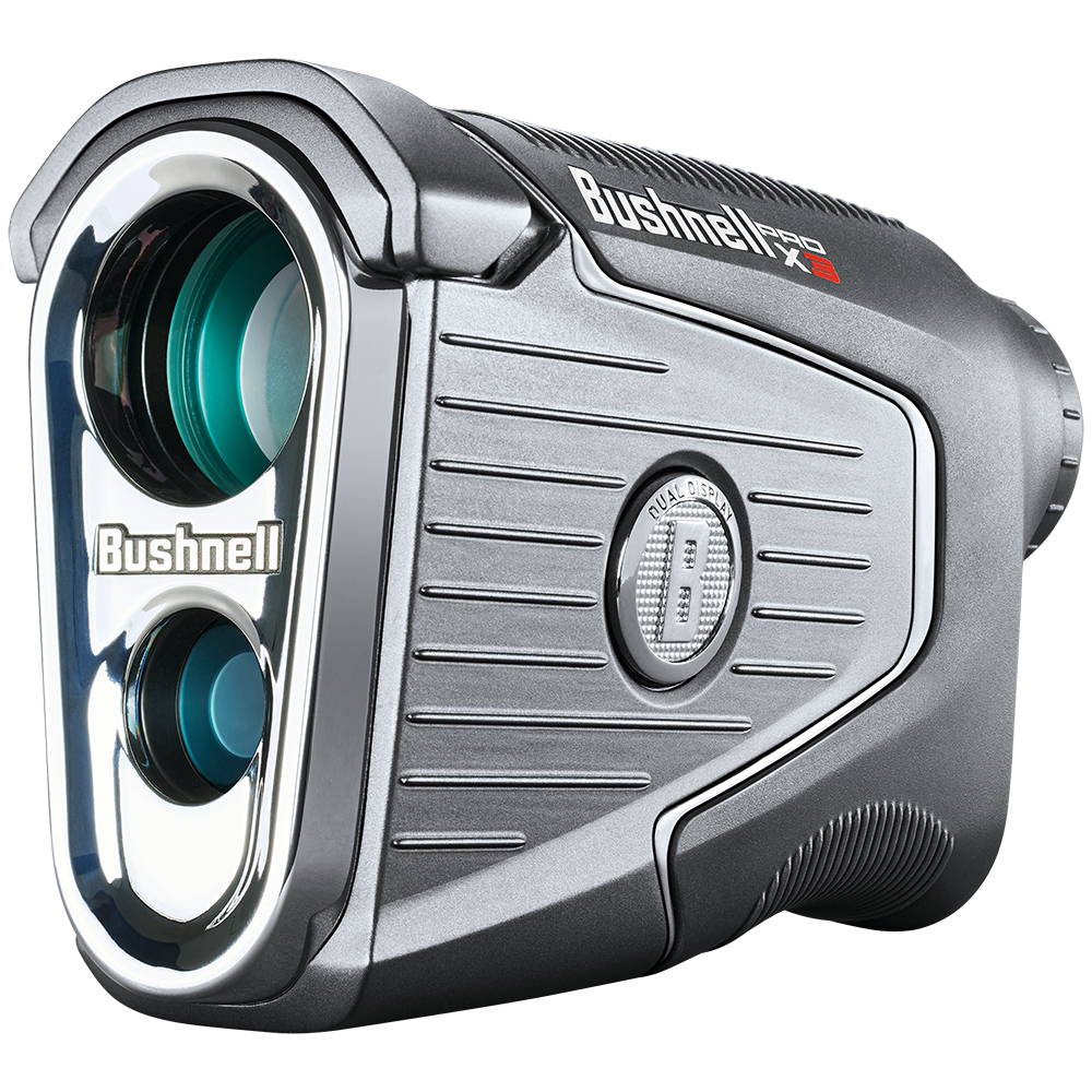 Front and side view of the 2022 Bushnell Pro X3 golf laser rangefinder with slope 
